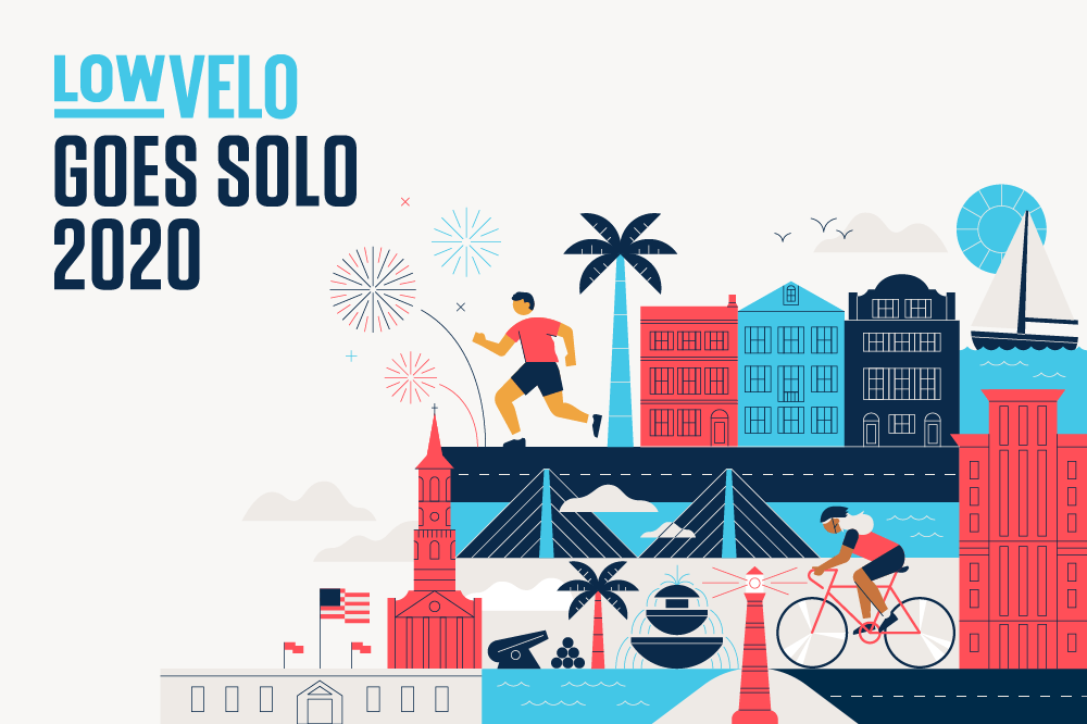 Lowvelo goes solo 2020 illustration with Charleston landmarks including Rainbow Row, Ravenel Bridge and Fort Sumter