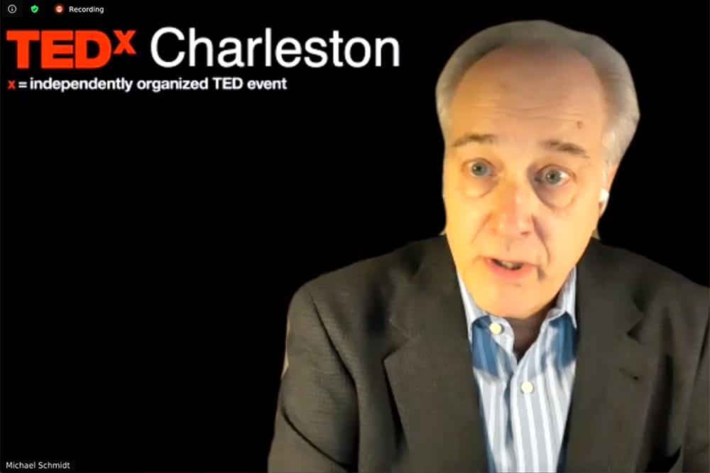 screenshot of Michael Schmidt in the virtual TEDx Charleston presentation