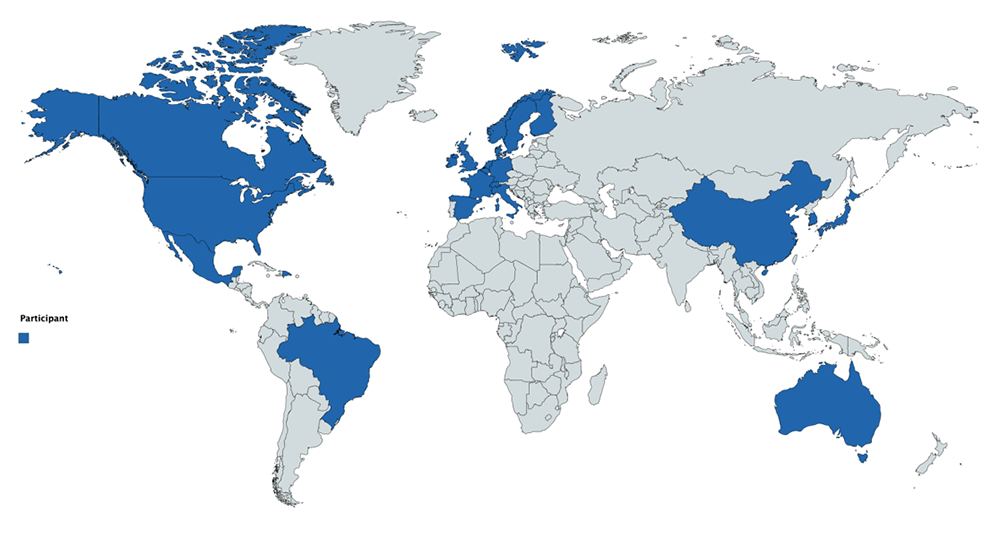 map of the world with countries highlighted where 2020 Cancer Cachexia Conference attendees are from