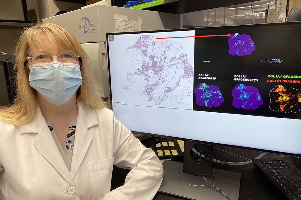 Peggi Angel sits next to a computer screen in her lab