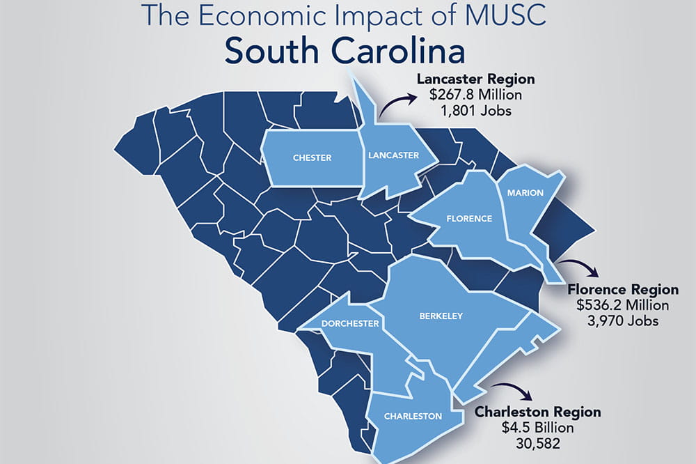 Map showing where in the state MUSC has a large economic impact