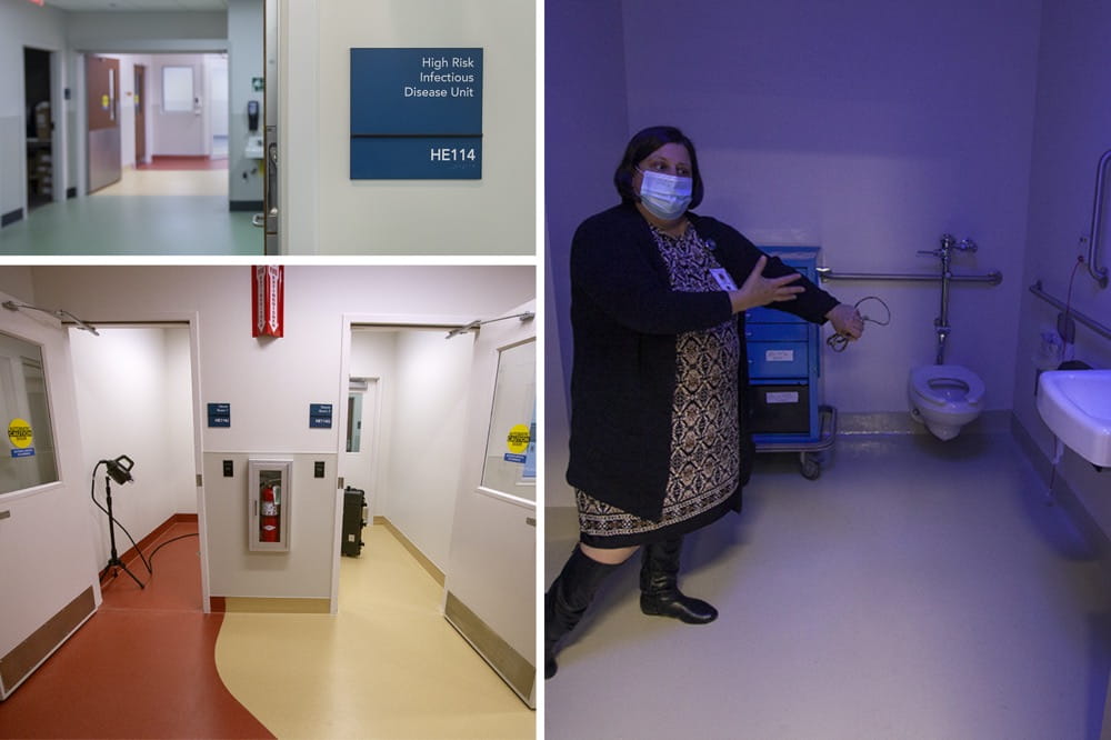 Collage of three photos. One of sign saying high risk infectious disease unit. One of a hallway showing colored floors and one of a bathroom illuminated by a blacklight.
