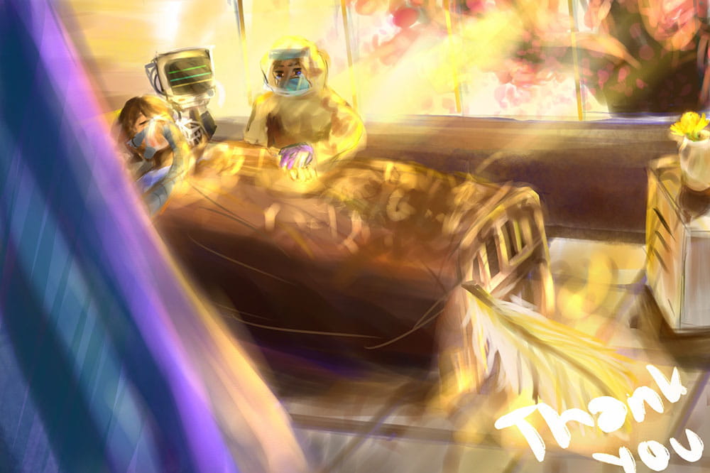 Painting by a student named Kayla shows light coming into a hospital room.