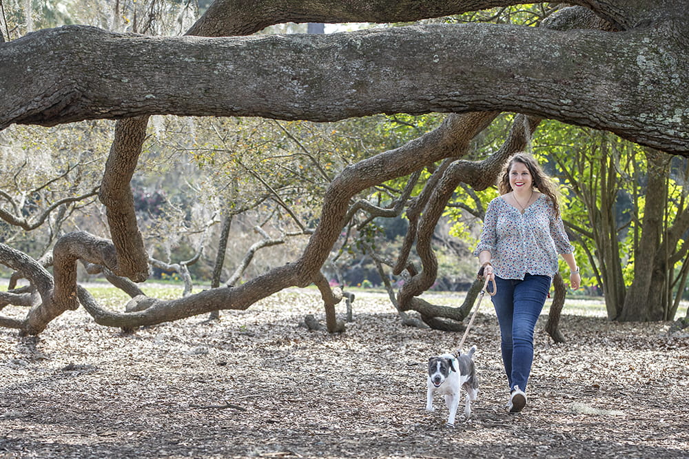 Vaccine trial participant Kelly Warren walks her dog.