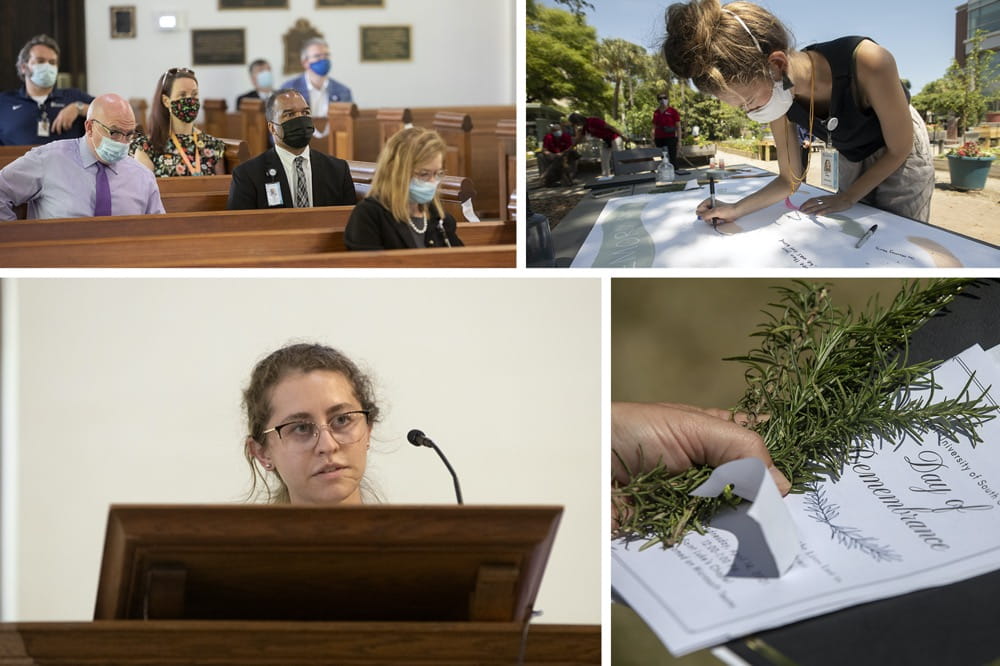 A collage of four photos, one of people sitting in a church, one of a woman signing a mural, one of a woman speaking at the pulpit and one of a woman holding rosemary and a program