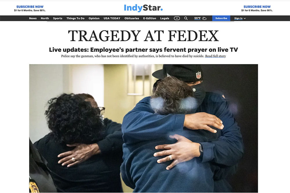 Screen grab of newspaper web page that says Tragedy at Fed Ex and shows people hugging.