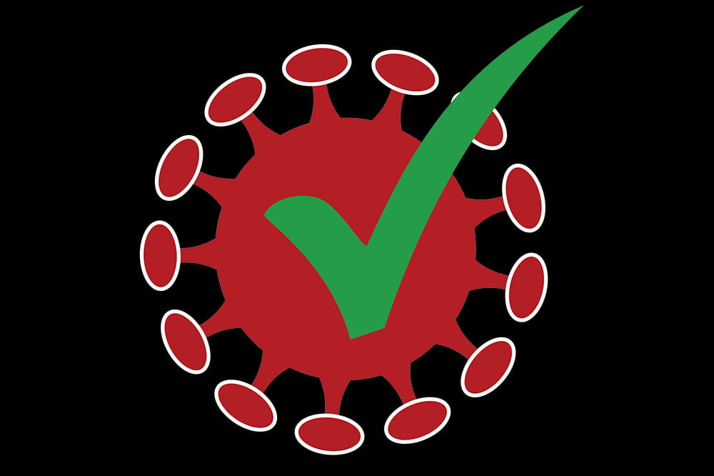 Logo for COVID immunity. Red virus particle with green checkmark.