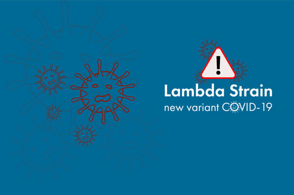 The words Lambda Strain on an illustration of the lambda variant.