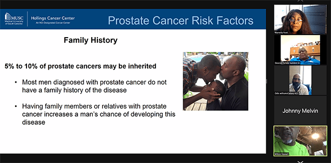 screenshot from amen program zoom showing prostate cancer risk factors