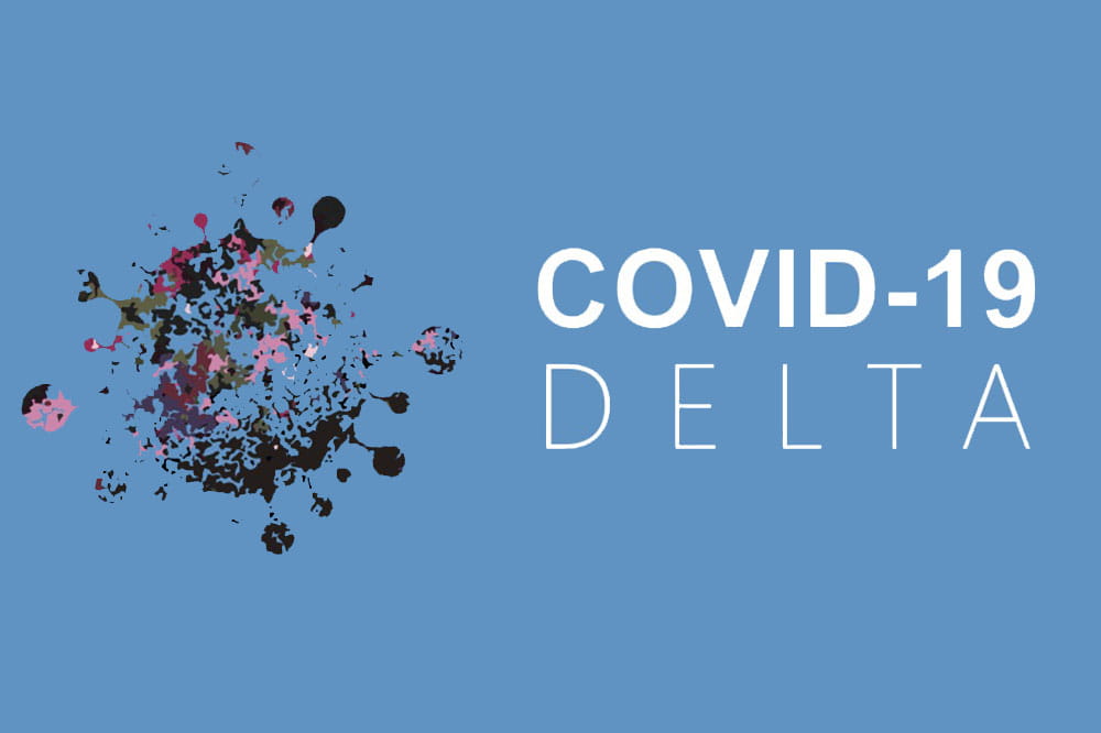 Illustration of coronavirus with the words COVID-19 Delta.