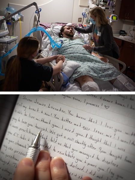 Steven Lavendar's COVID was so severe at one point that he needed a tracheostomy and a ventilator to breathe. At his side during that time was his fiance' Mary Moore, who kept a daily diary of his stay in the hospital.