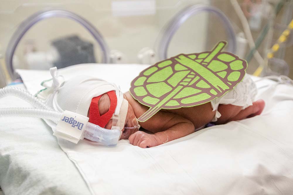 Preemie Kai Williamson lying in bed with a turtle costume.