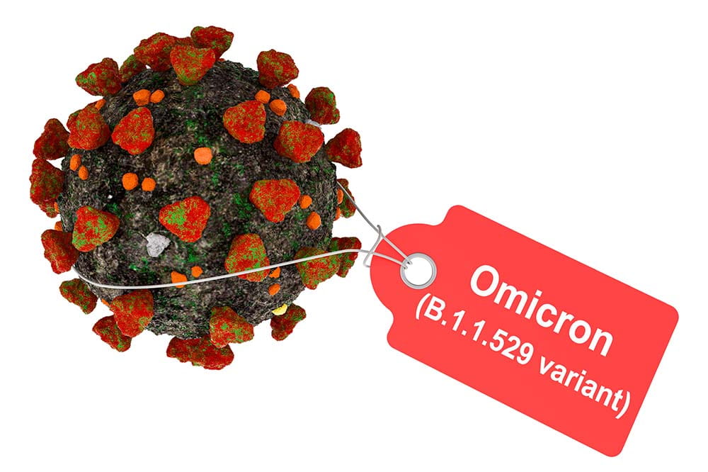Illustration of coronavirus with tag reading Omicron.