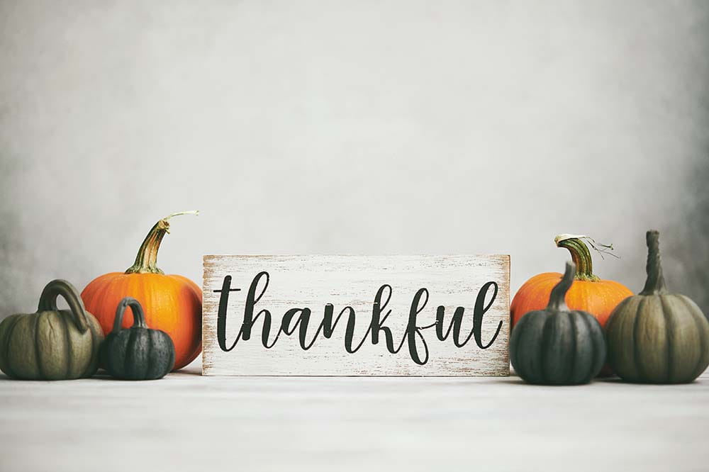 Small pumpkins surround a plaque with the word thankful.