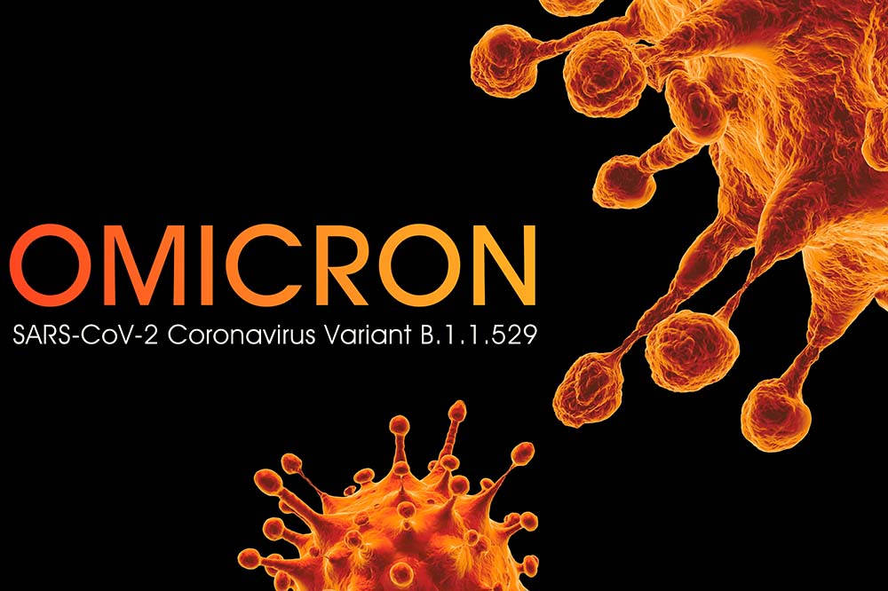 Coronavirus particles with the word Omicron.