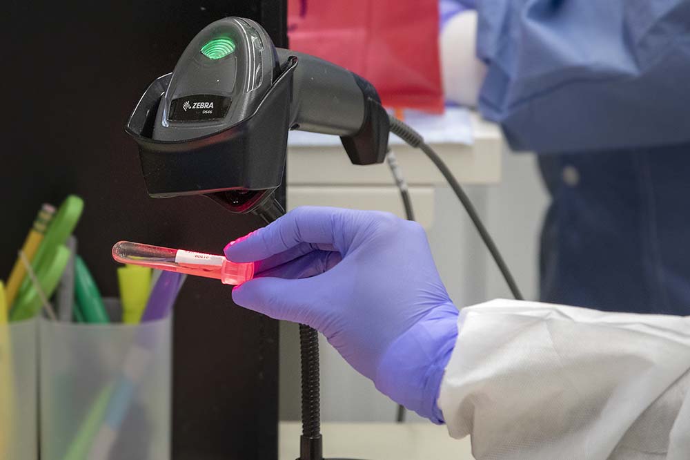 A label on a test sample is scanned to have the patient’s name and information entered into the system before the sample is put into the machine to test the sample for covid.