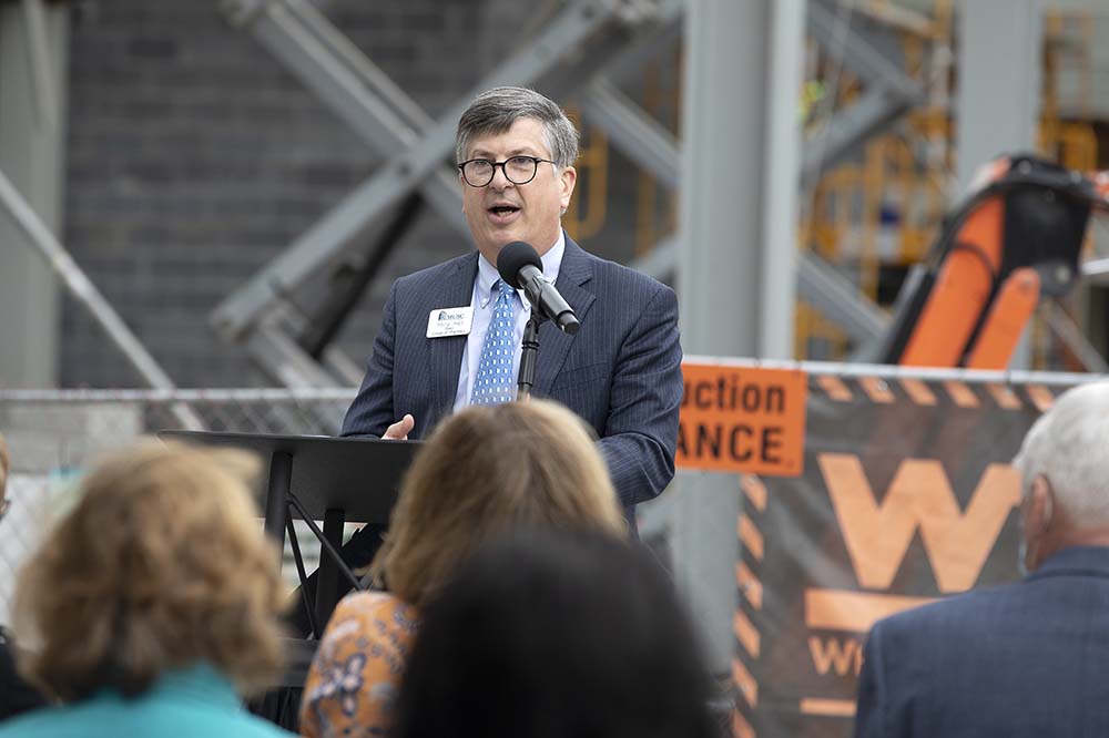College of Pharmacy dean Philip Hall speaks at topping out ceremony.