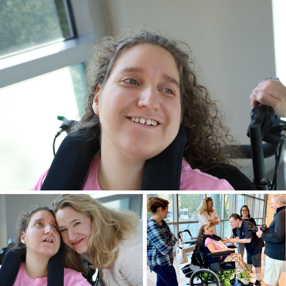 Series of three photos, a close-up of a young woman's face, a close-up of the same young woman and her mother, and one of the same woman in her wheelchair surrounded by several other people