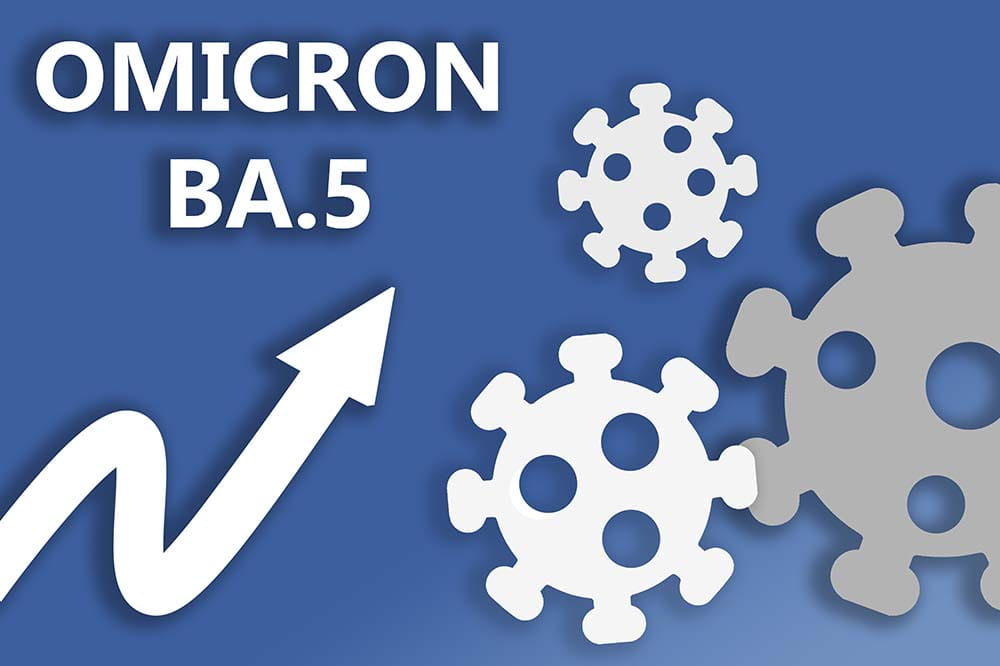 The words Omicron BA.5 on a blue background with a white arrow pointing up. Illustration of coronavirus particles on right side.