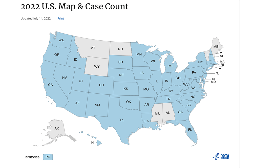 Map of United States. Most of it is shaded in blue, indicating the spread of monkeypox.