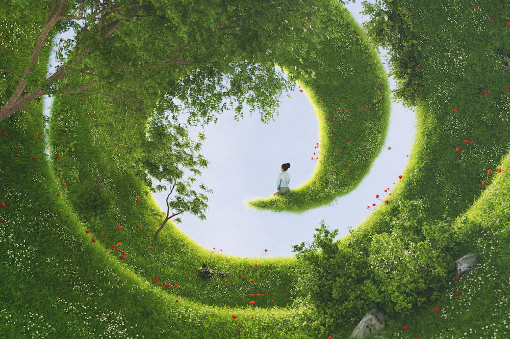 Dreamlike image of a woman sitting on a spiral tree looking into the distance