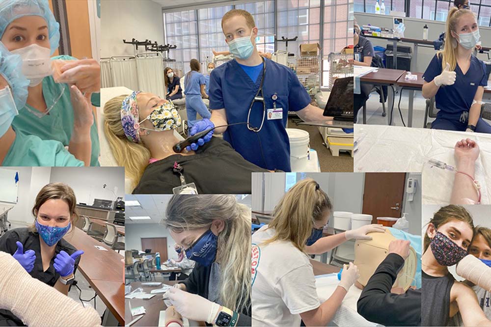 A collage of photos featuring MUSC Physician Assistant Studies Class of 2022 students practicing clinical skills and procedures at the program's new PAS facility lab. Photos Provided  