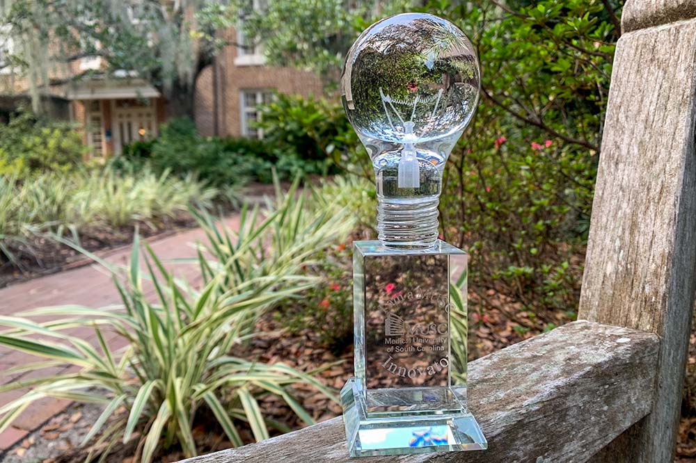 What looks like a lightbulb sits atop a small clear stand. It's outside sitting on a wooden structure with greenery in the background.