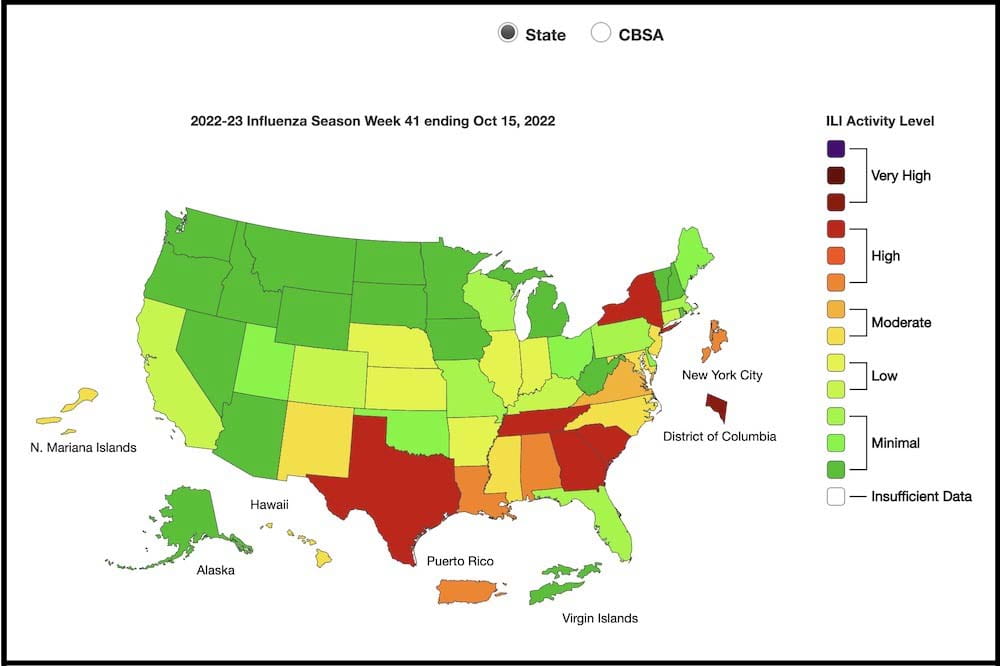 Map showing where flu is spiking across the United States. Most of the country is at a low or moderate level, but a few states, including South Carolina, are shaded in red to show that they have a high level of flu.