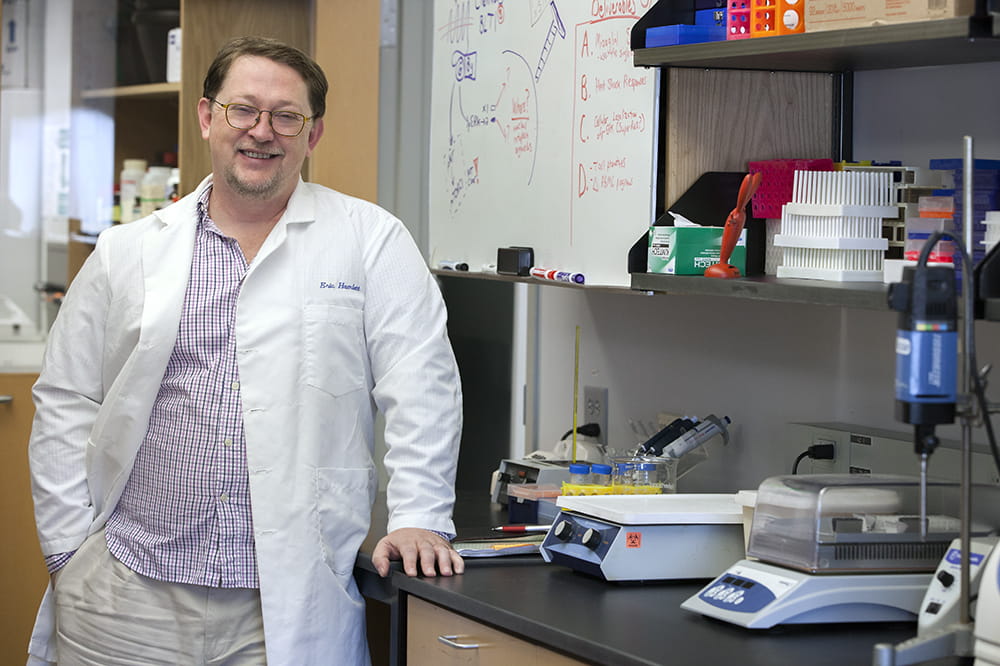 Smiling man in a white lab coat leans on a counter. He is Dr. Eric Daniel Hamlett