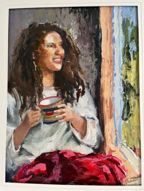 a painting of a young woman drinking coffee looking out the window with a sparkle in her eyes