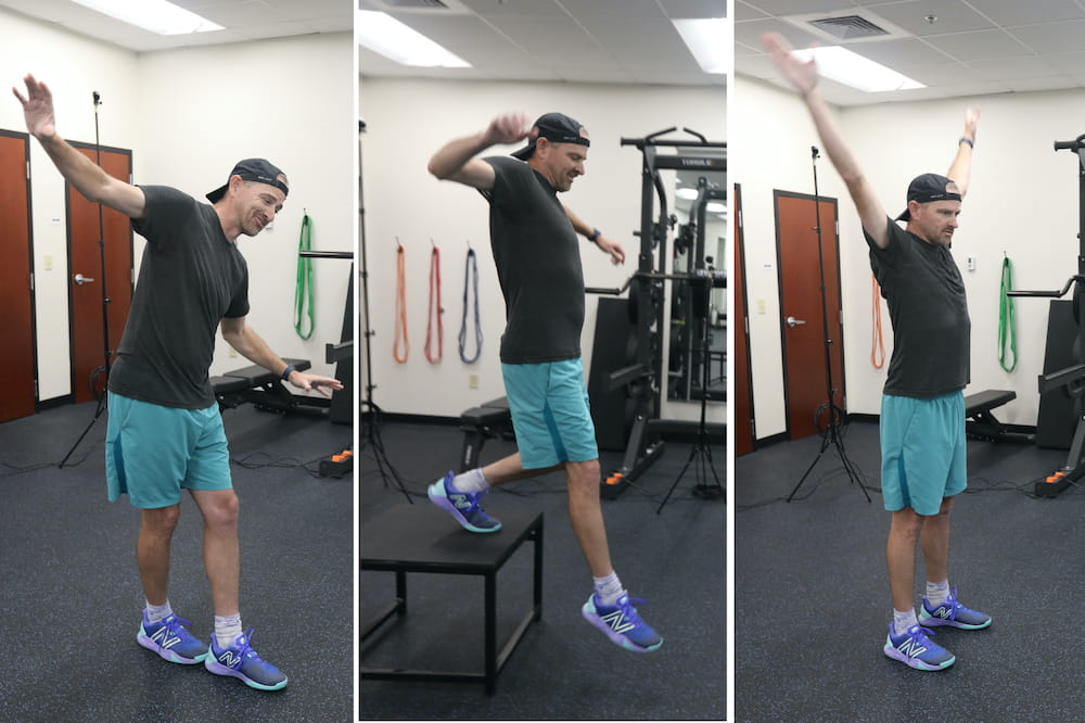 Three images side by side by side of a man doing different movements in a gym