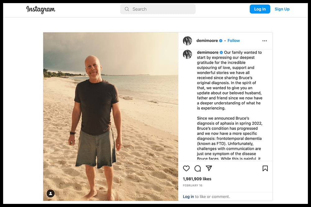 Demi Moore Instagram post about Bruce Willis' dementia diagnosis. It includes a photo of the actor standing on a beach in shorts and a t-shirt, looking happy.