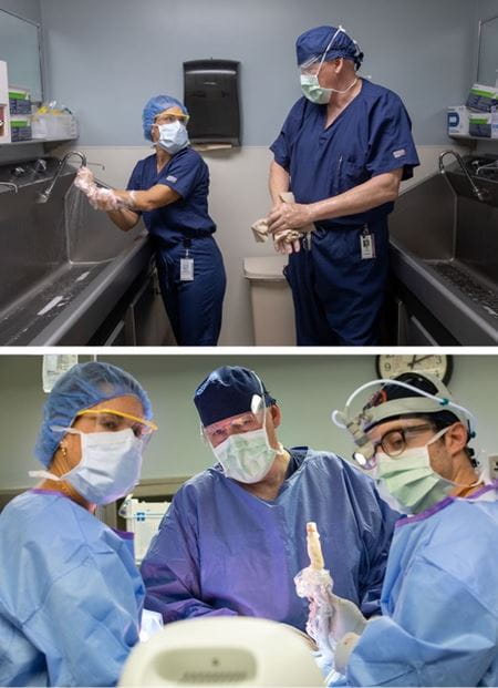 Horizontal stack of two photos. Top, Cole and his PA scrub in for surgery. Below, Cole and two others look at equipment in the OR during surgery