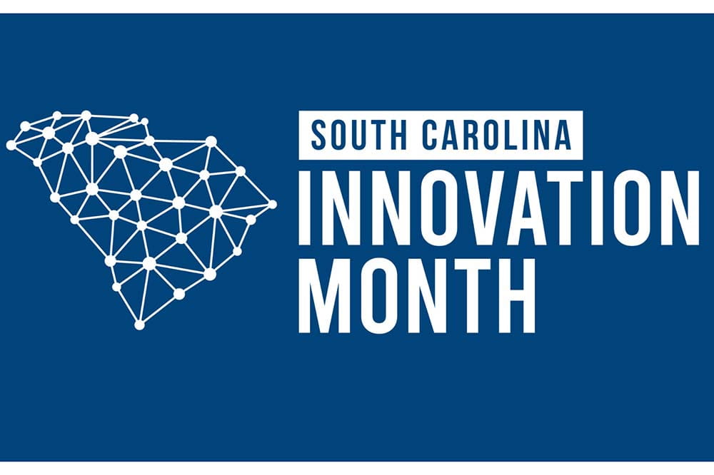Map of South Carolina with dots and lines connecting them. The words South Carolina Innovation Month are to the right of the state.