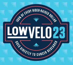 Logo for Lowvelo23 that says 100% of every rider-raised dollar goes directly to cancer research