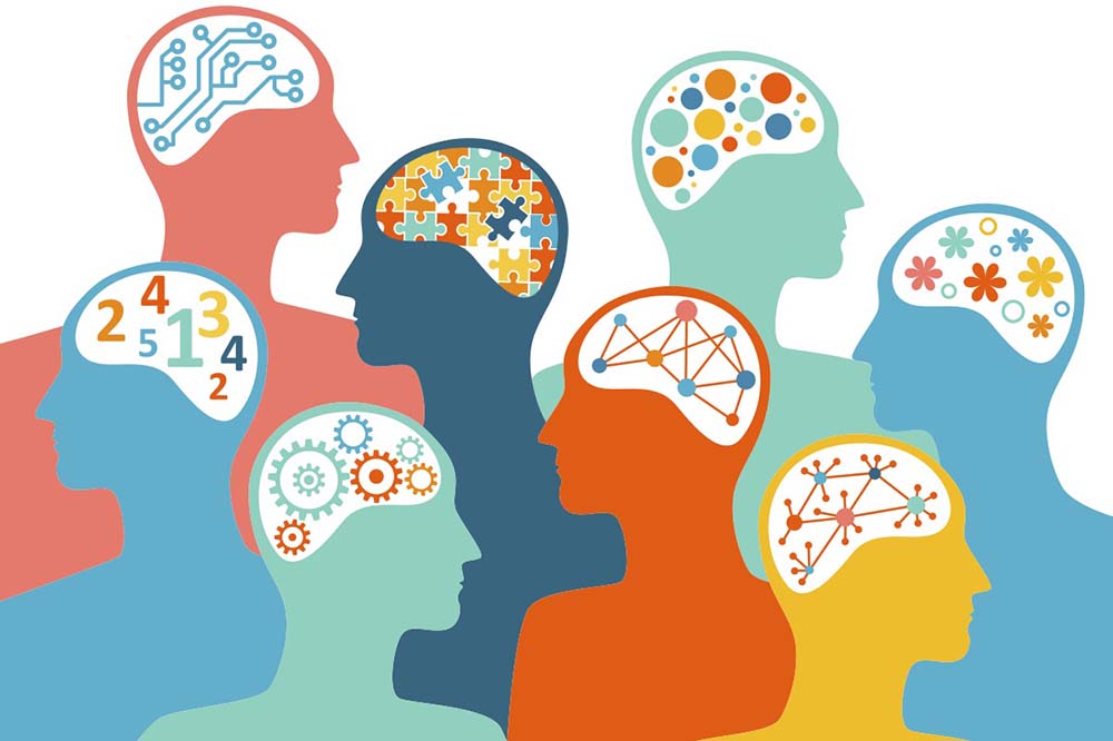 Illustration showing several people in different colors with different brain activity.