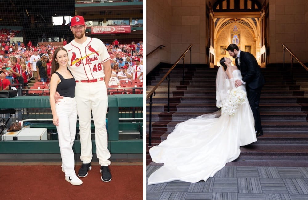 Two photos, side by side, the left showing a woman in black shirt and white pants in front of dugout on baseball field next to tall man in St. Louis Cardinals baseball uniform