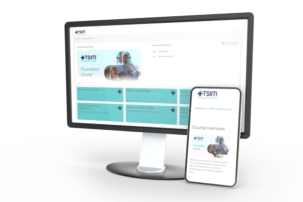 Computer monitor and smartphone showing The Telehealth Service Implementation Model (TSIM) website.