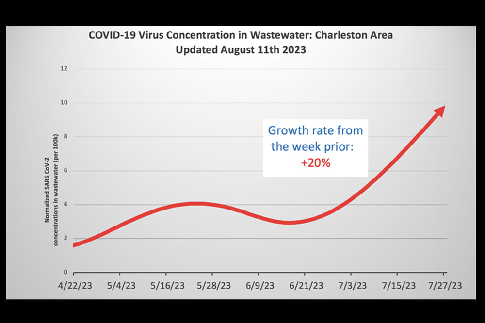 The words COVID 19 concentration in wastewater Charleston area. Updated August 11 2023. Red arrow on a gray chart with the words growth rate from the week prior: +20%.