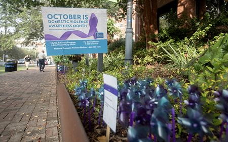 Pinwheels were placed in the Medical District Greenway on Oct. 2 signifying the different years victims of domestic violence were killed. (Photo by Sarah Pack)