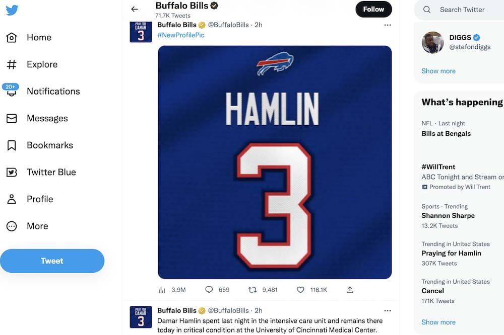 Social media post shows a blue jersey with the number 3 and the name Hamlin on it. There's a Buffalo Bills logo above the name.
