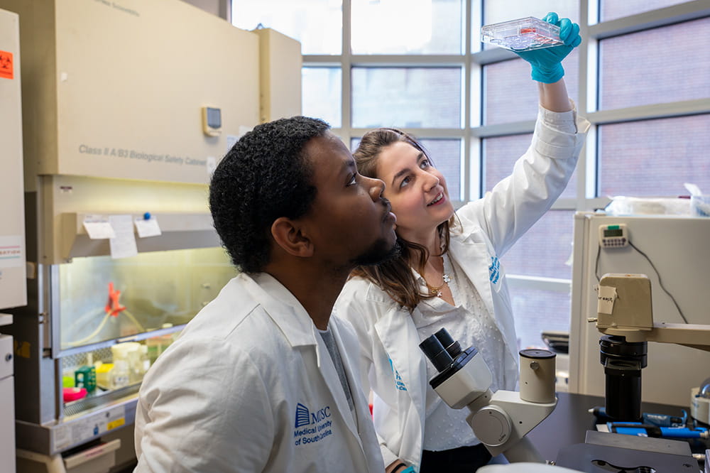 pediatric oncology researcher Jezabel Rodriguez Blanco holds up samples to the light as student Kendell Peterson observes