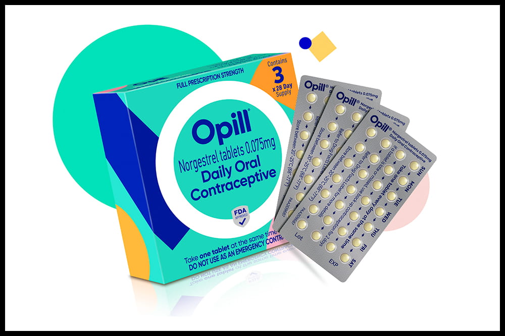Box that's green and blue with the word Opill on it. Three foil packages of pills are fanned out beside it.