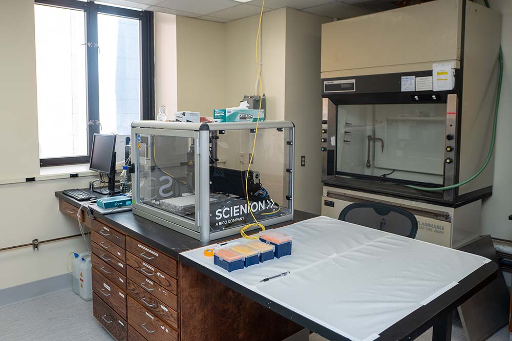 Counter space in a laboratory with equipment on it.