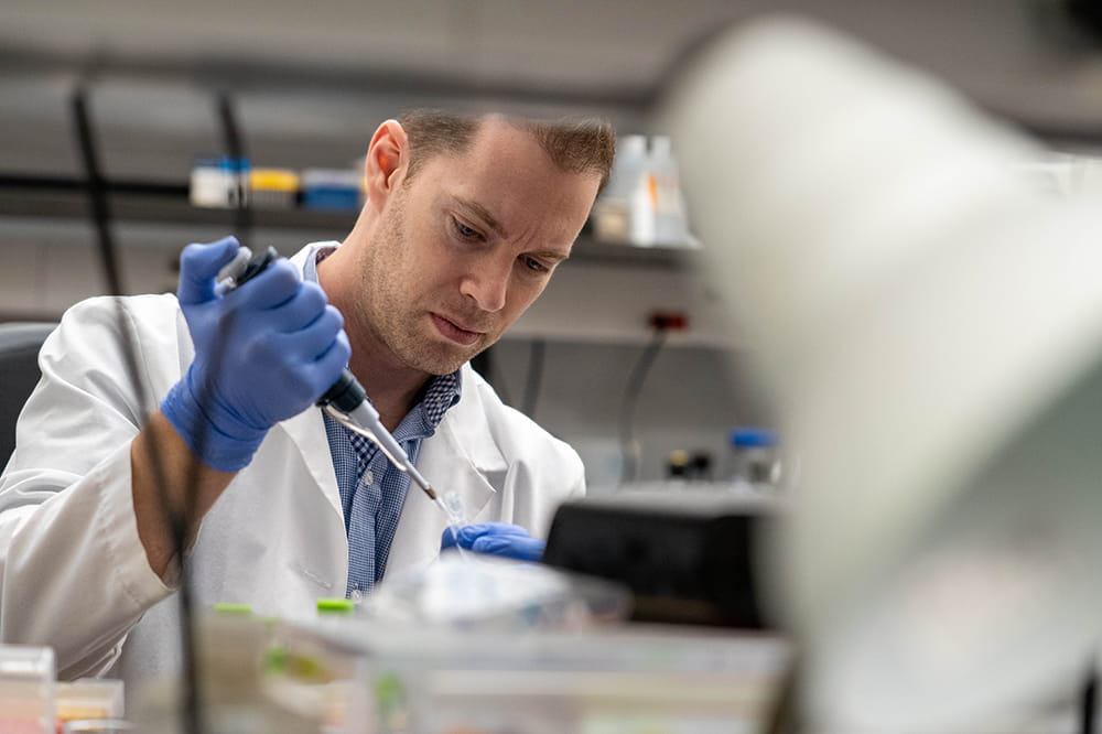 peering through shelving at a scientist in white coat and blue gloves concentrating on work in the lab