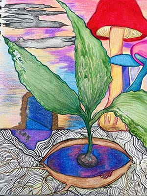 A work of art by a woman with Crohn's disease shows three leaves sprouting with a red capped mushroom in the background.