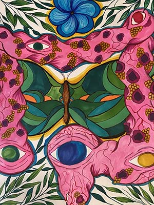 A work of art with a pink square that surrounds a green butterfly.