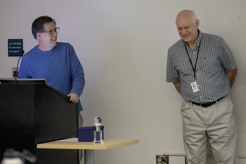 Dr. Chip Norris and Dr. Steve Kautz presenting their winning research proiject at the Blue Sky Award ceremony.