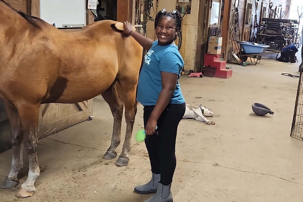 Smiling girl wearing a blue t-shirt and black pants brushes a brown horse.