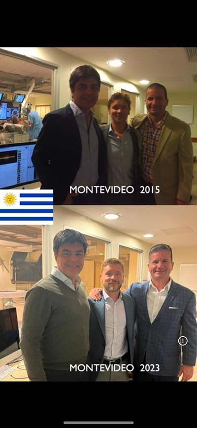 Two photos of the same three men. One says Montevideo 2015. The other says Montevideo 2023.